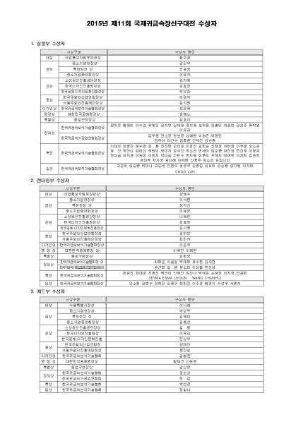 2015년 제ㅔ11회 국제귀금속장신구대전 수상자 안내 - 상세내용 첨부파일 참조 